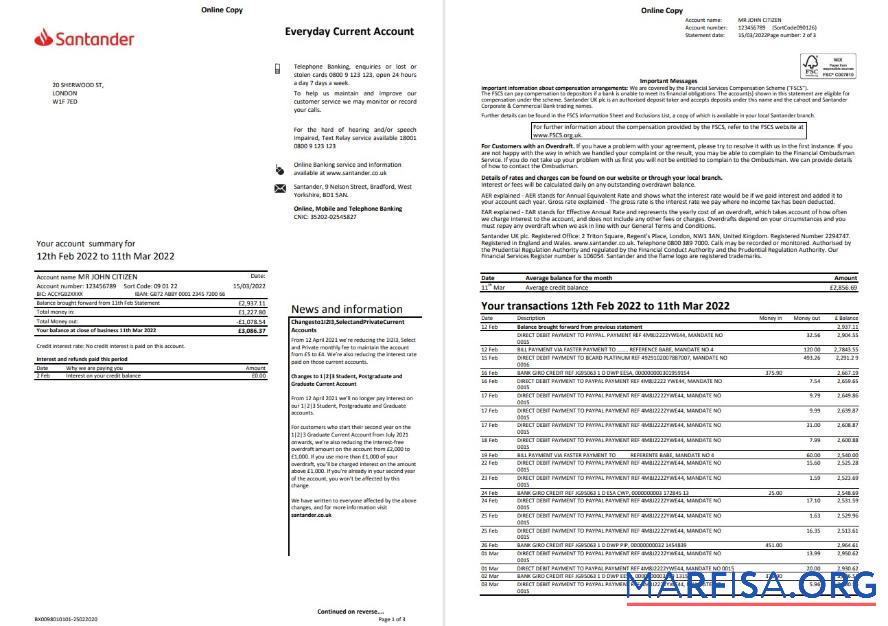 Downloadable United Kingdom Santander bank statement word 3 pages, version 2 example